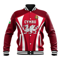 Red rugby-style baseball jacket with white stripe panel, CYMRU logo and crest