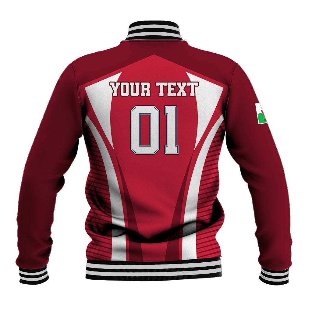 Red baseball jacket back with white stripe panel, 'YOUR TEXT' and '01' print