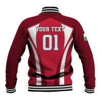Red baseball jacket back with white stripe panel, 'YOUR TEXT' and '01' print
