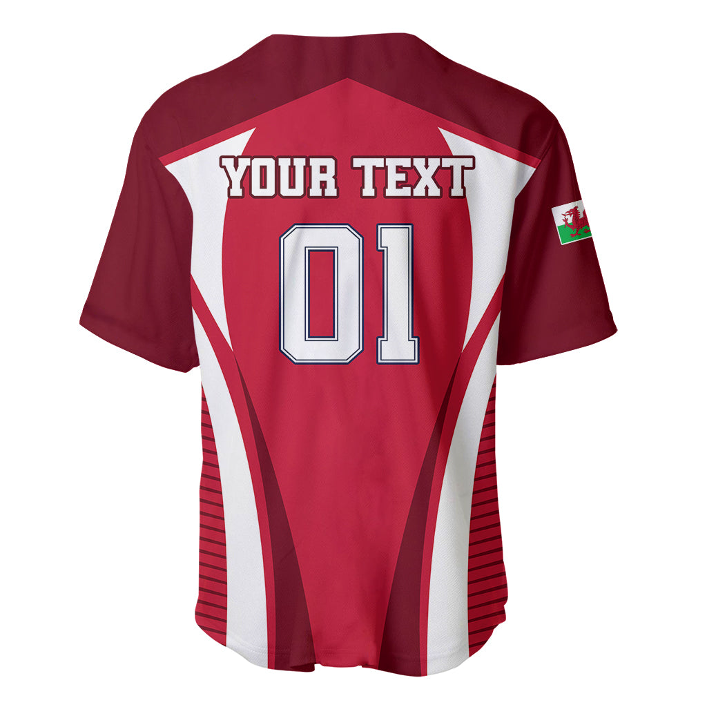 Red and white rugby baseball jersey back, YOUR TEXT 01 on V-neck with striped sides