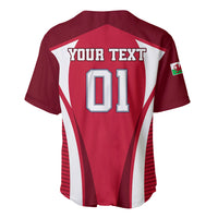 Red and white rugby baseball jersey back, YOUR TEXT 01 on V-neck with striped sides