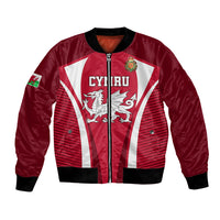 Red satin bomber jacket with zip front, black ribbed collar, Wales flag stripes and chest crest