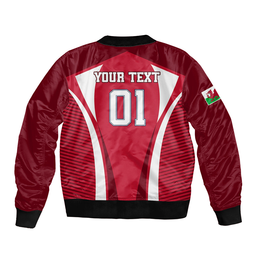 Red satin bomber jacket with black ribbed cuffs, back graphic with YOUR TEXT 01 and Wales stripes