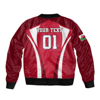 Red satin bomber jacket with black ribbed cuffs, back graphic with YOUR TEXT 01 and Wales stripes