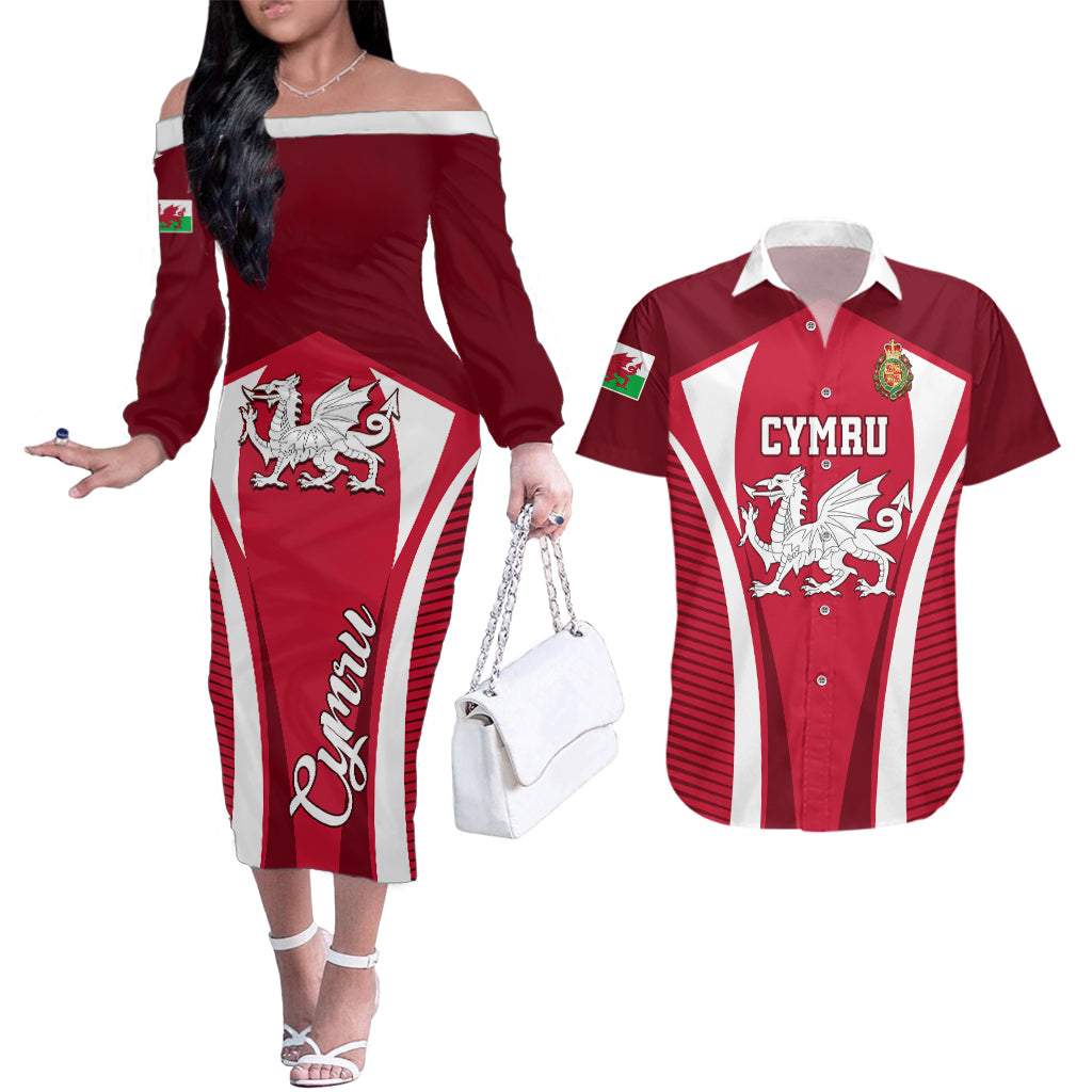 Custom Wales Rugby Couples Matching Off The Shoulder Long Sleeve Dress and Hawaiian Shirt Three Feathers Dragon 2023 World Cup - Wonder Print Shop