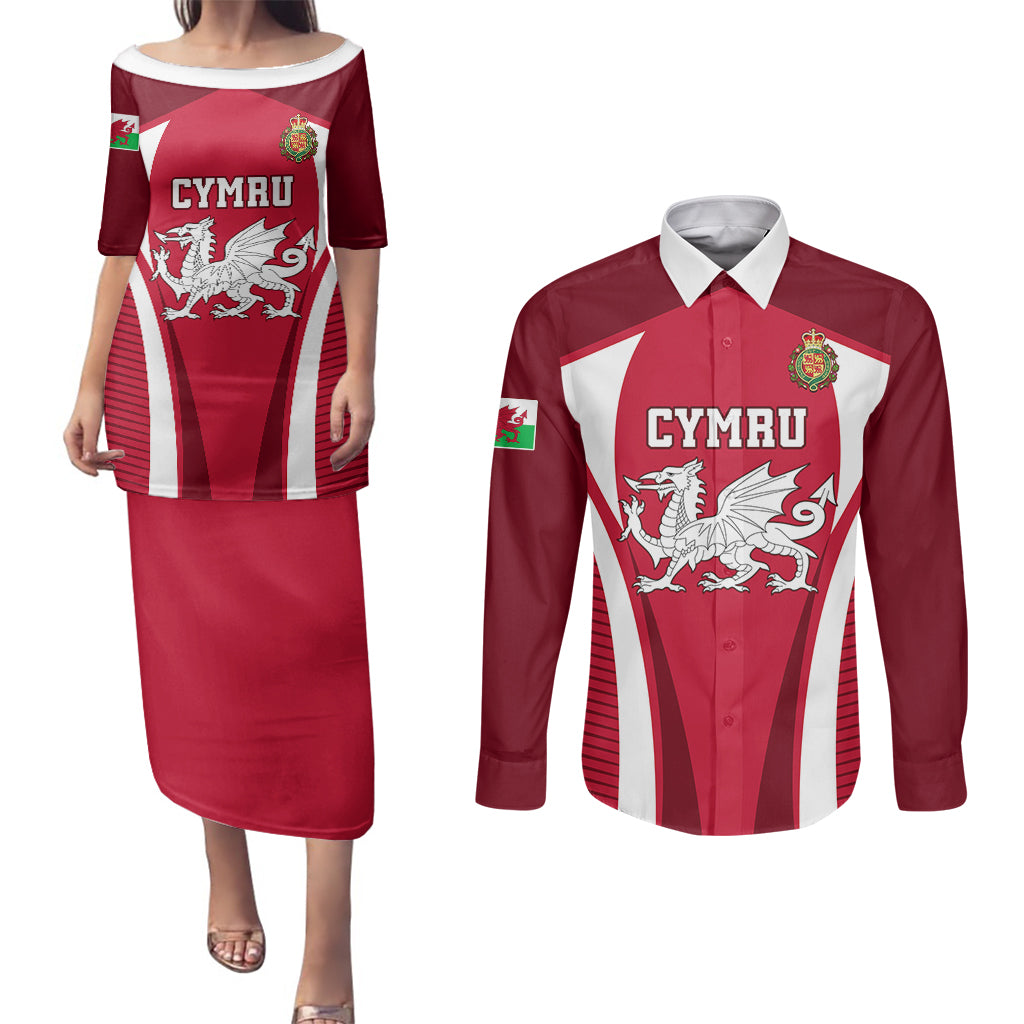 Custom Wales Rugby Couples Matching Puletasi Dress and Long Sleeve Button Shirts Three Feathers Dragon 2023 World Cup - Wonder Print Shop