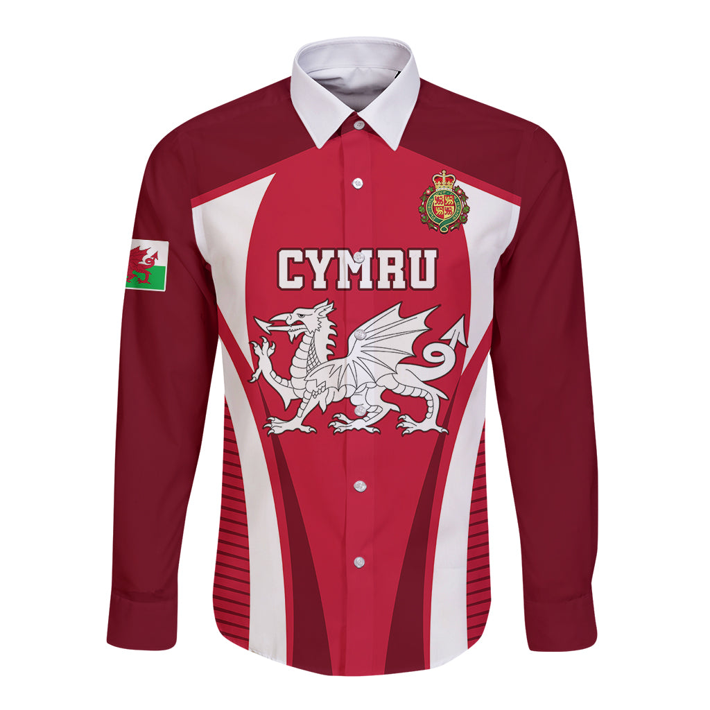 Red long sleeve button rugby shirt with white side panels and crest dragon front