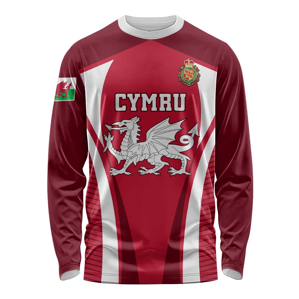 Red and white long-sleeve rugby shirt with Cymru dragon crest front