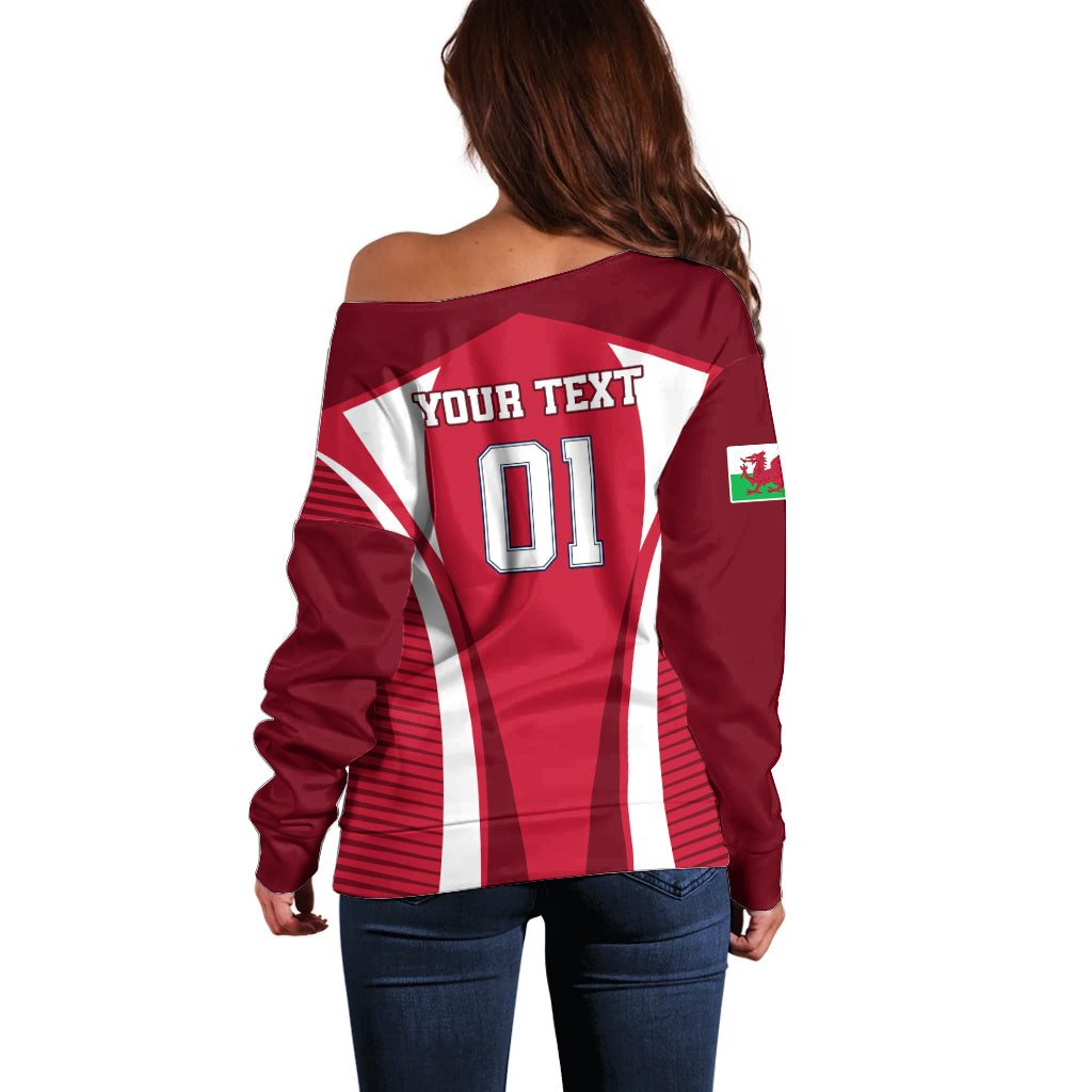 Red off-shoulder rugby sweater back with white stripes and 01 design
