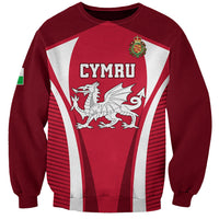 Red Wales rugby sweatshirt, front print with CYMRU and dragon crest, striped panel