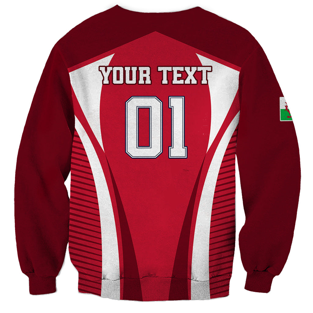 Red Wales rugby sweatshirt, back print YOUR TEXT 01 with striped panels