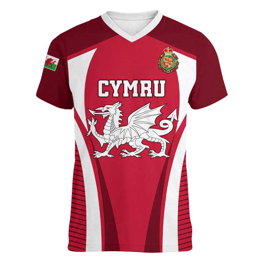 custom-wales-rugby-women-v-neck-t-shirt-three-feathers-dragon-2023-world-cup