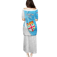 Blue and gray long dress back with tapa skirt and Come On Fiji text