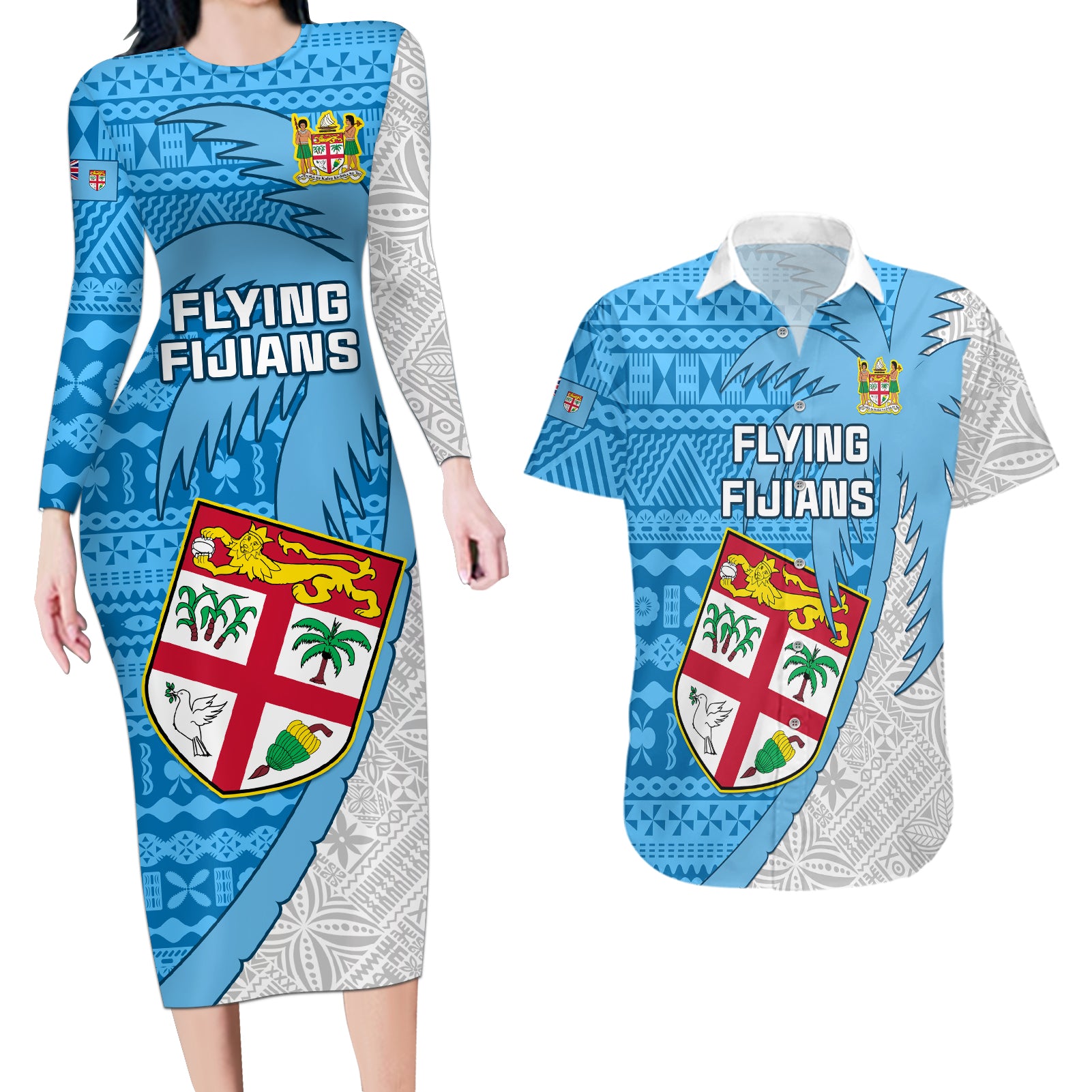 Custom Fiji Rugby Couples Matching Long Sleeve Bodycon Dress and Hawaiian Shirt Come On Fijian Tapa Pattern - Wonder Print Shop