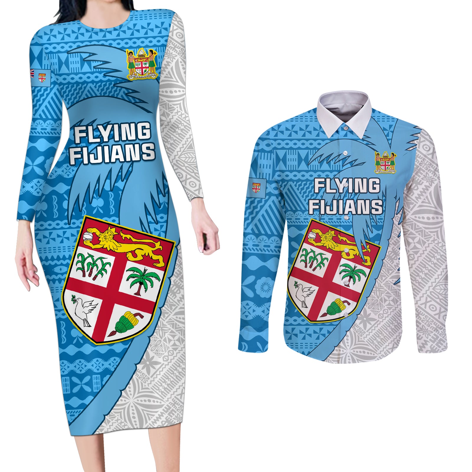 Custom Fiji Rugby Couples Matching Long Sleeve Bodycon Dress and Long Sleeve Button Shirts Come On Fijian Tapa Pattern - Wonder Print Shop