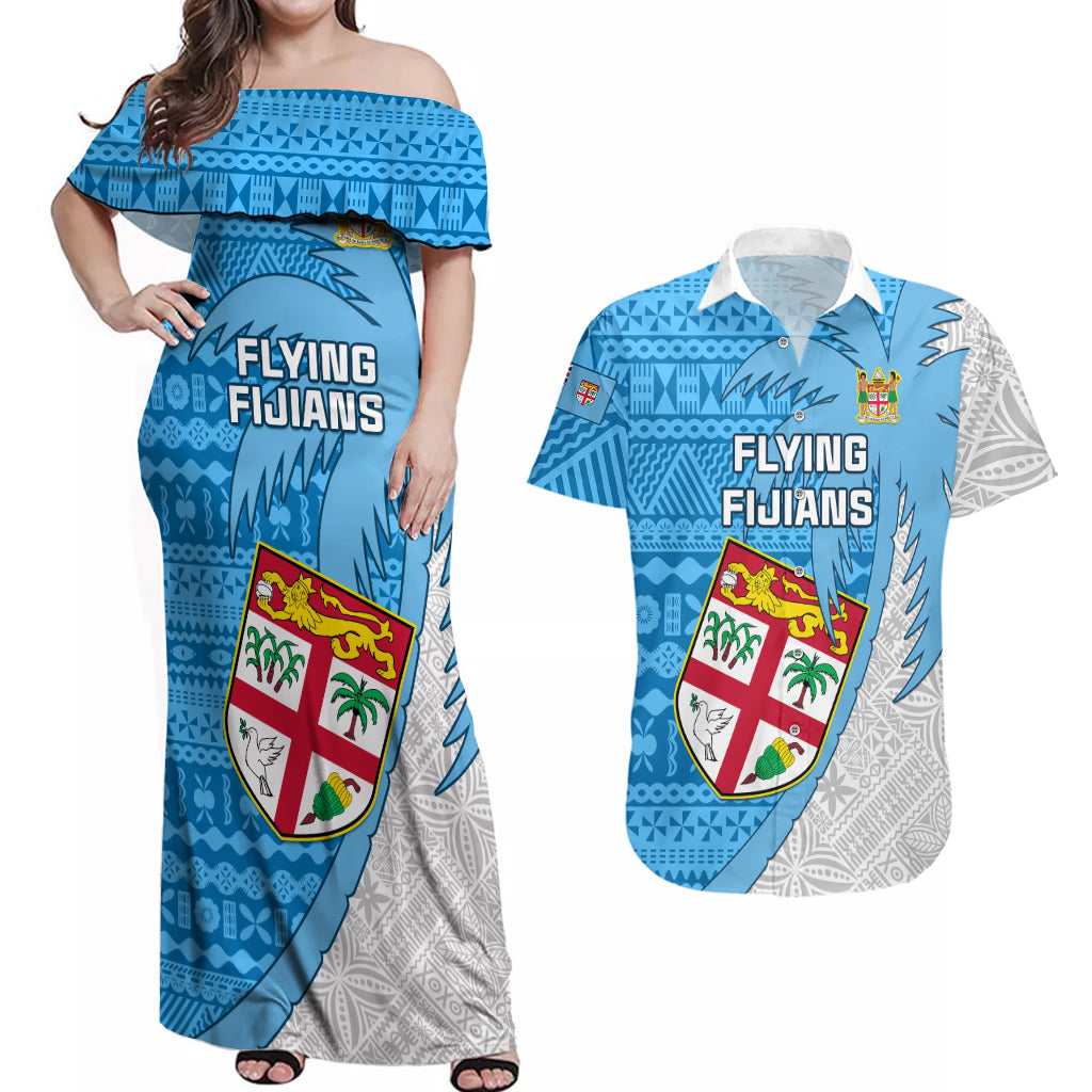 Custom Fiji Rugby Couples Matching Off Shoulder Maxi Dress and Hawaiian Shirt Come On Fijian Tapa Pattern - Wonder Print Shop