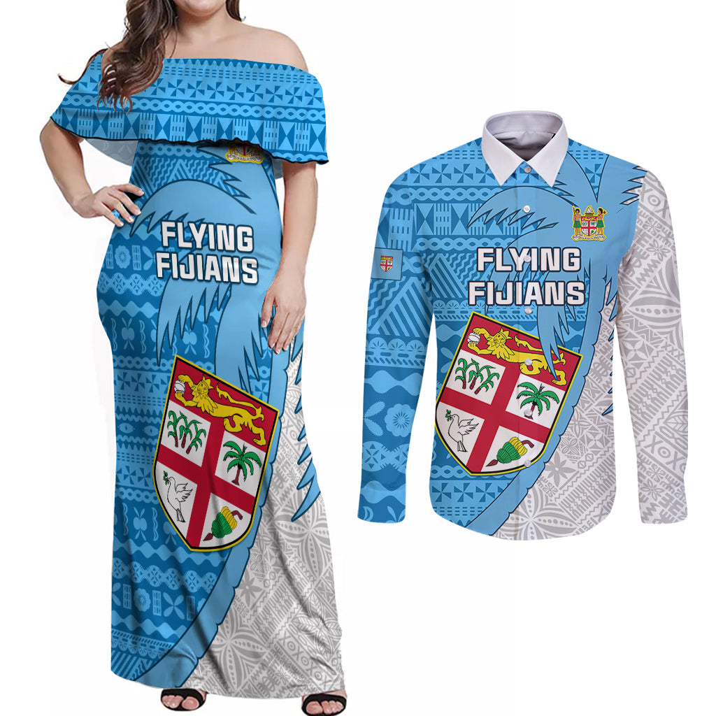 Custom Fiji Rugby Couples Matching Off Shoulder Maxi Dress and Long Sleeve Button Shirts Come On Fijian Tapa Pattern - Wonder Print Shop