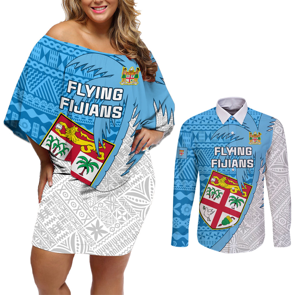 Custom Fiji Rugby Couples Matching Off Shoulder Short Dress and Long Sleeve Button Shirts Come On Fijian Tapa Pattern - Wonder Print Shop