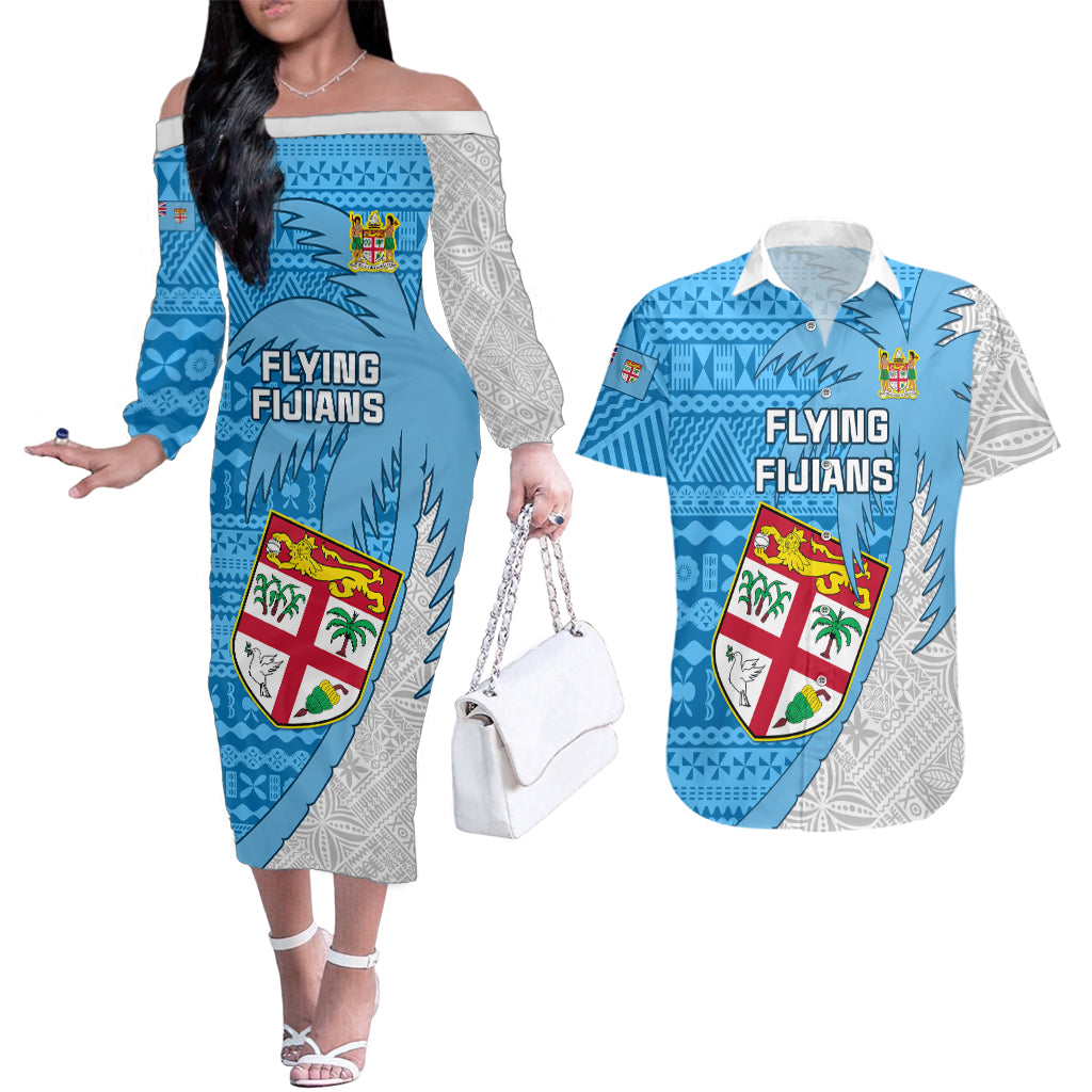 Custom Fiji Rugby Couples Matching Off The Shoulder Long Sleeve Dress and Hawaiian Shirt Come On Fijian Tapa Pattern - Wonder Print Shop