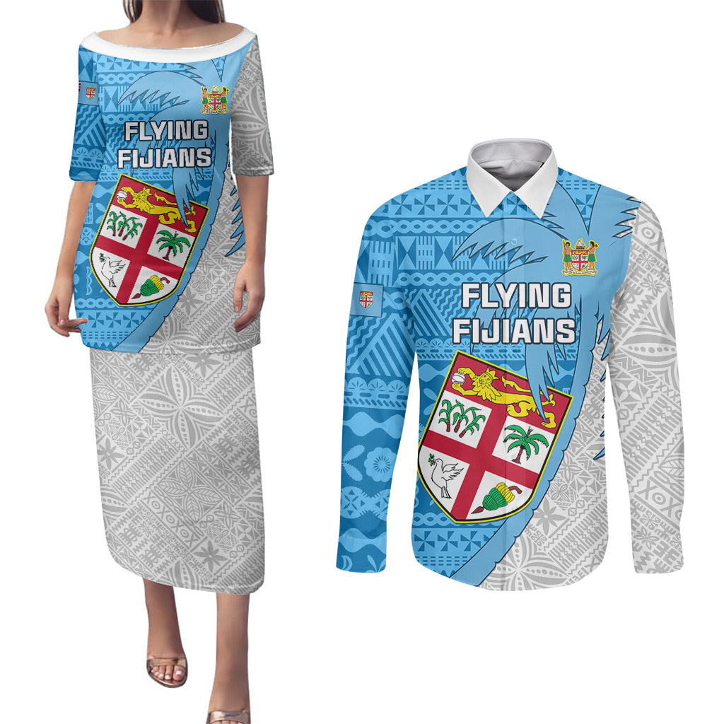 Custom Fiji Rugby Couples Matching Puletasi Dress and Long Sleeve Button Shirts Come On Fijian Tapa Pattern - Wonder Print Shop