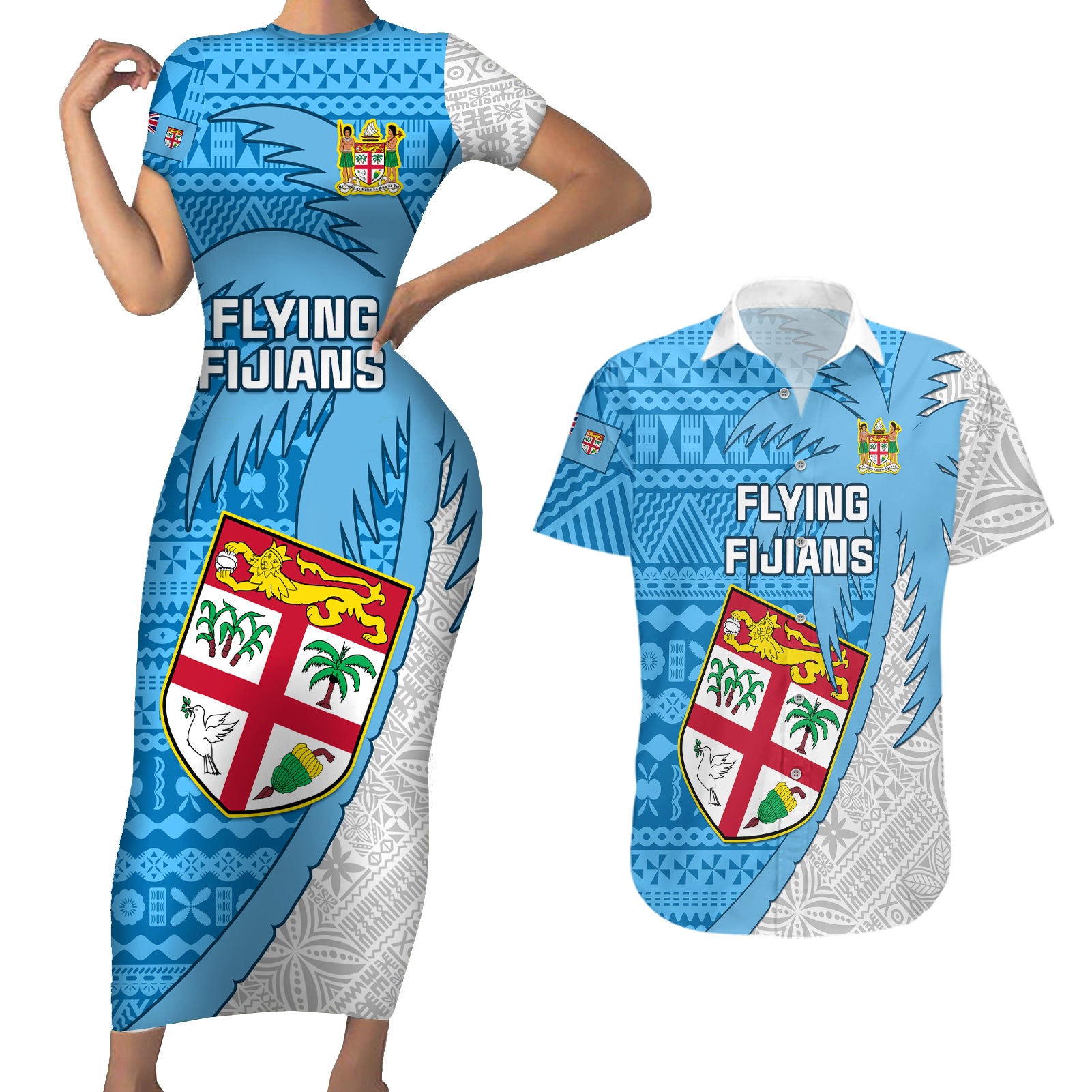 Custom Fiji Rugby Couples Matching Short Sleeve Bodycon Dress and Hawaiian Shirt Come On Fijian Tapa Pattern - Wonder Print Shop