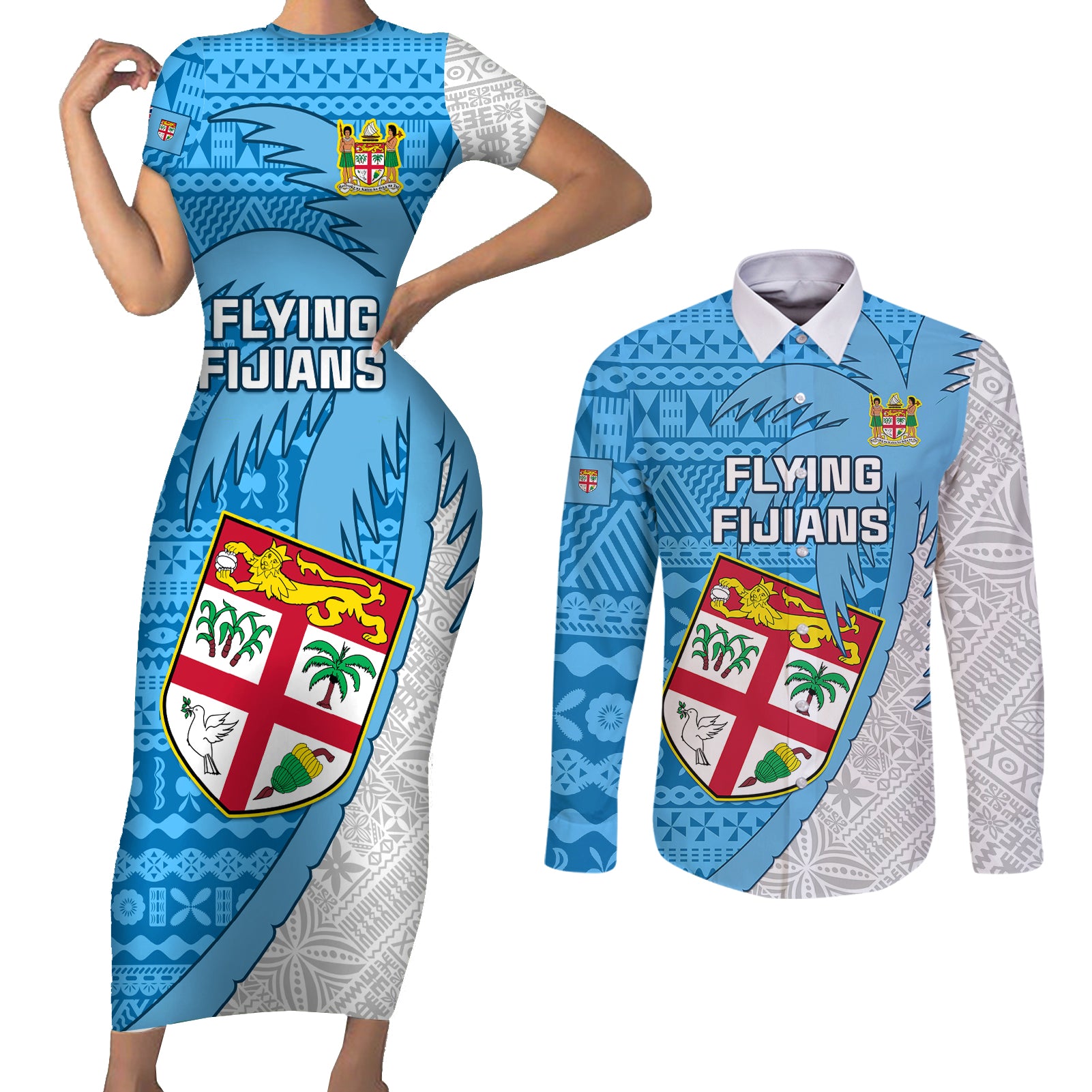 Custom Fiji Rugby Couples Matching Short Sleeve Bodycon Dress and Long Sleeve Button Shirts Come On Fijian Tapa Pattern - Wonder Print Shop