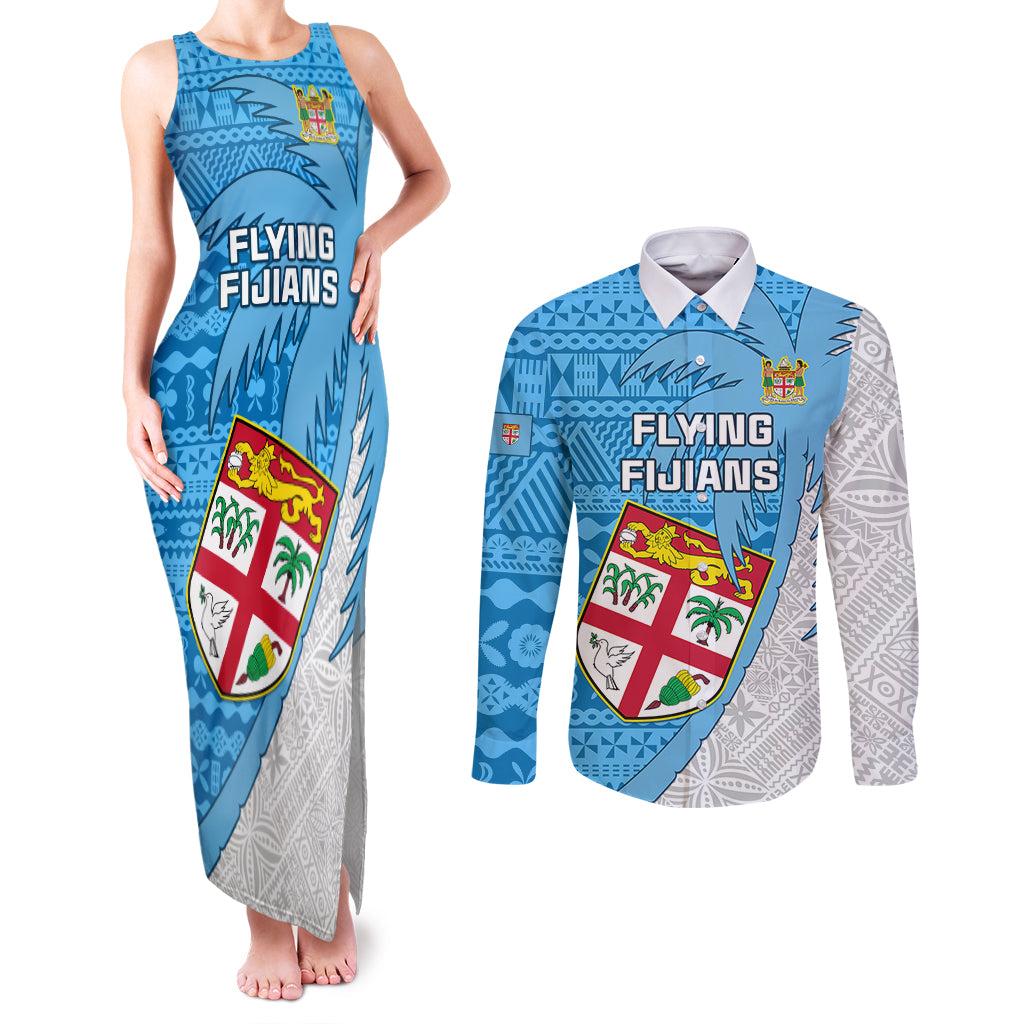 Custom Fiji Rugby Couples Matching Tank Maxi Dress and Long Sleeve Button Shirts Come On Fijian Tapa Pattern - Wonder Print Shop