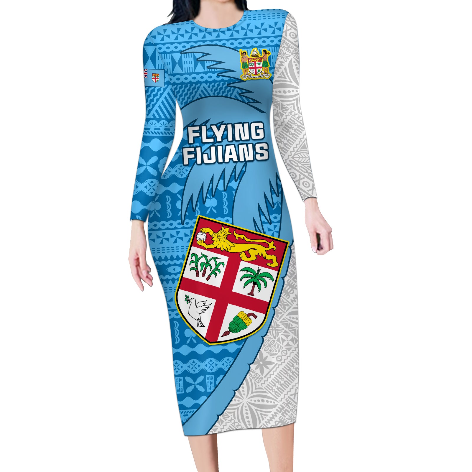 Custom Fiji Rugby Long Sleeve Bodycon Dress Come On Fijian Tapa Pattern - Wonder Print Shop