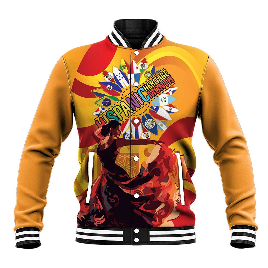 Yellow baseball jacket with black/white striped collar, bold Hispanic Heritage graphic front