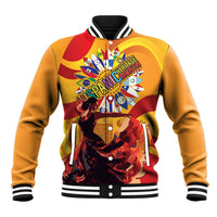 Yellow baseball jacket with black/white striped collar, bold Hispanic Heritage graphic front