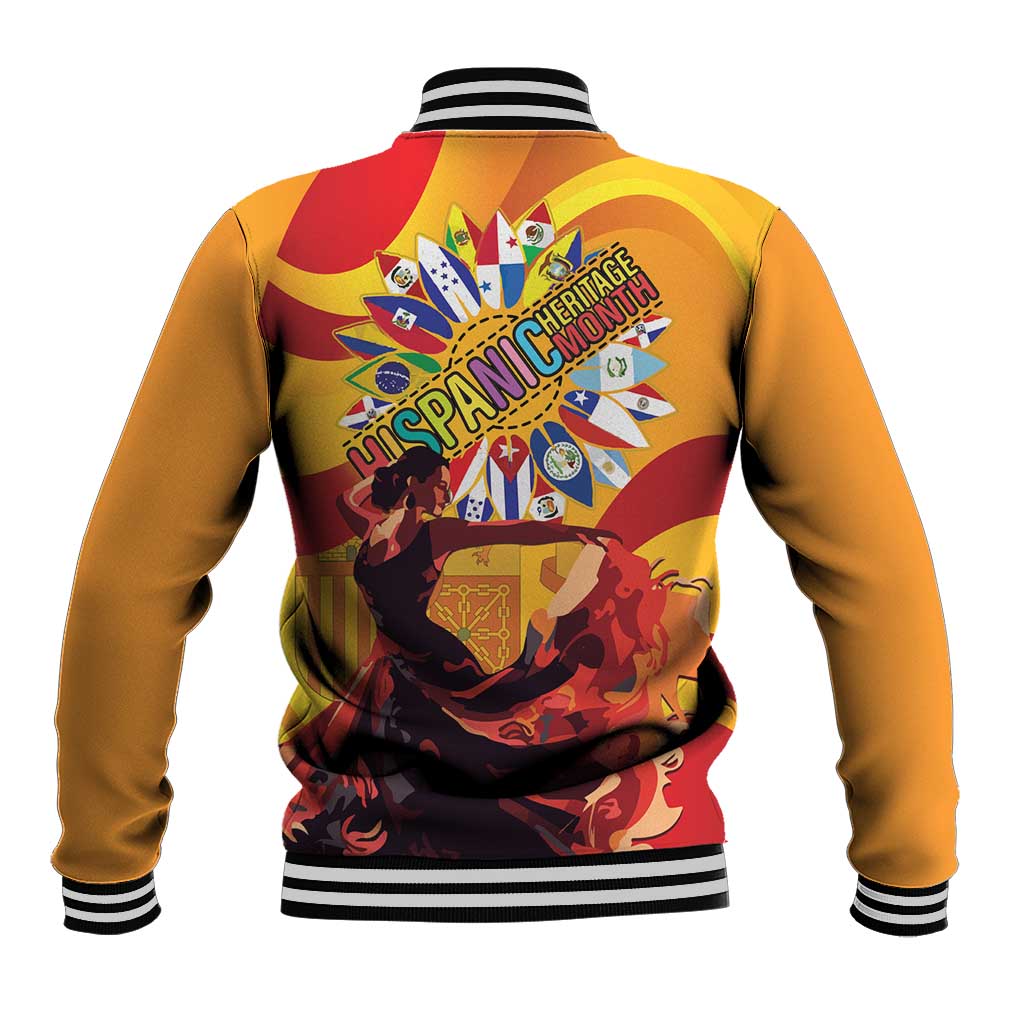 Yellow baseball jacket with striped ribbed collar, Hispanic Heritage graphic on back