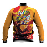 Yellow baseball jacket with striped ribbed collar, Hispanic Heritage graphic on back