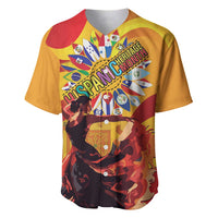 Yellow baseball jersey with front emblem 'Hispanic Heritage Month' and dancer artwork