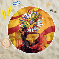 Round beach blanket with white fringe, yellow/red Spanish Heritage graphic