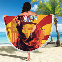 Round beach blanket with white fringe, yellow/red Spanish Heritage graphic held on beach