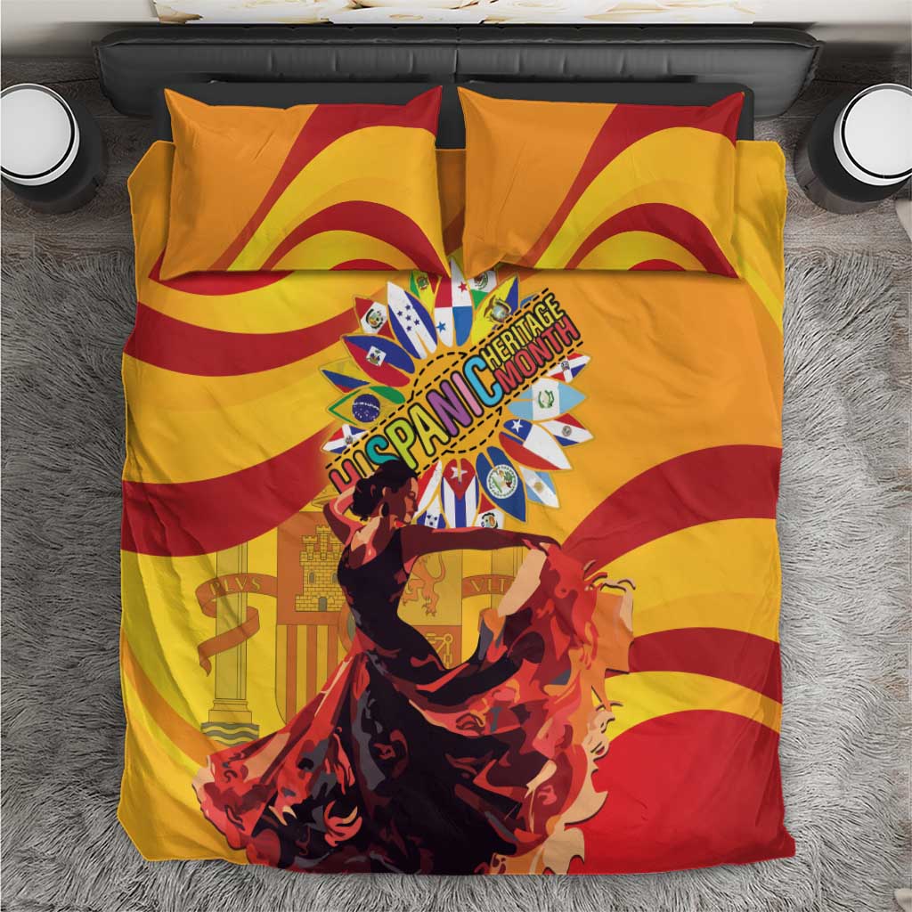 Yellow bedding set with red wave stripes, flamenco dancers, and Hispanic Heritage Month emblem on duvet and shams