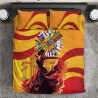 Yellow bedding set with red wave stripes, flamenco dancers, and Hispanic Heritage Month emblem on duvet and shams