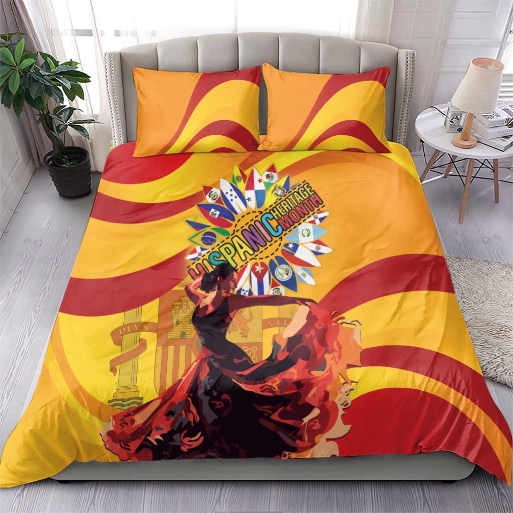 Yellow duvet cover bedding set with red wave stripes, flamenco dancers, and Hispanic Heritage Month emblem