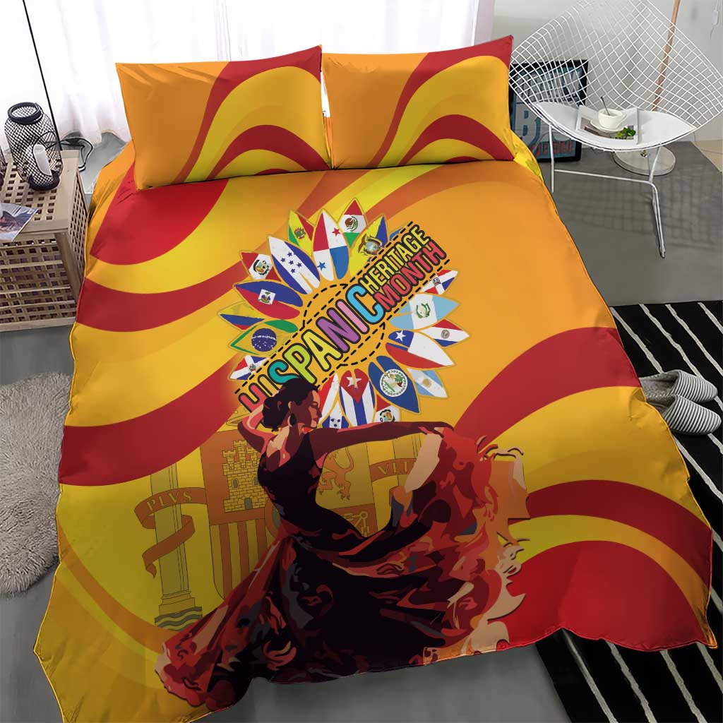 Yellow duvet cover and pillow shams with red and maroon wave stripes and Hispanic Heritage Month emblem with dancers