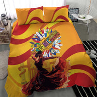 Yellow duvet cover and pillow shams with red and maroon wave stripes and Hispanic Heritage Month emblem with dancers