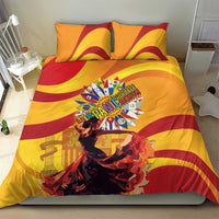 Yellow duvet cover and pillow shams with red wave stripes, flamenco dancers, and Hispanic Heritage Month emblem