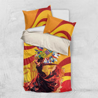 Yellow bedding set with red wave stripes and Hispanic Heritage Month emblem featuring flamenco dancers