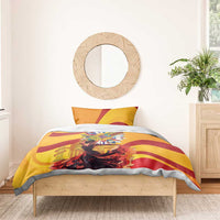 Yellow duvet cover with red wave stripes and Hispanic Heritage Month emblem featuring flamenco dancers
