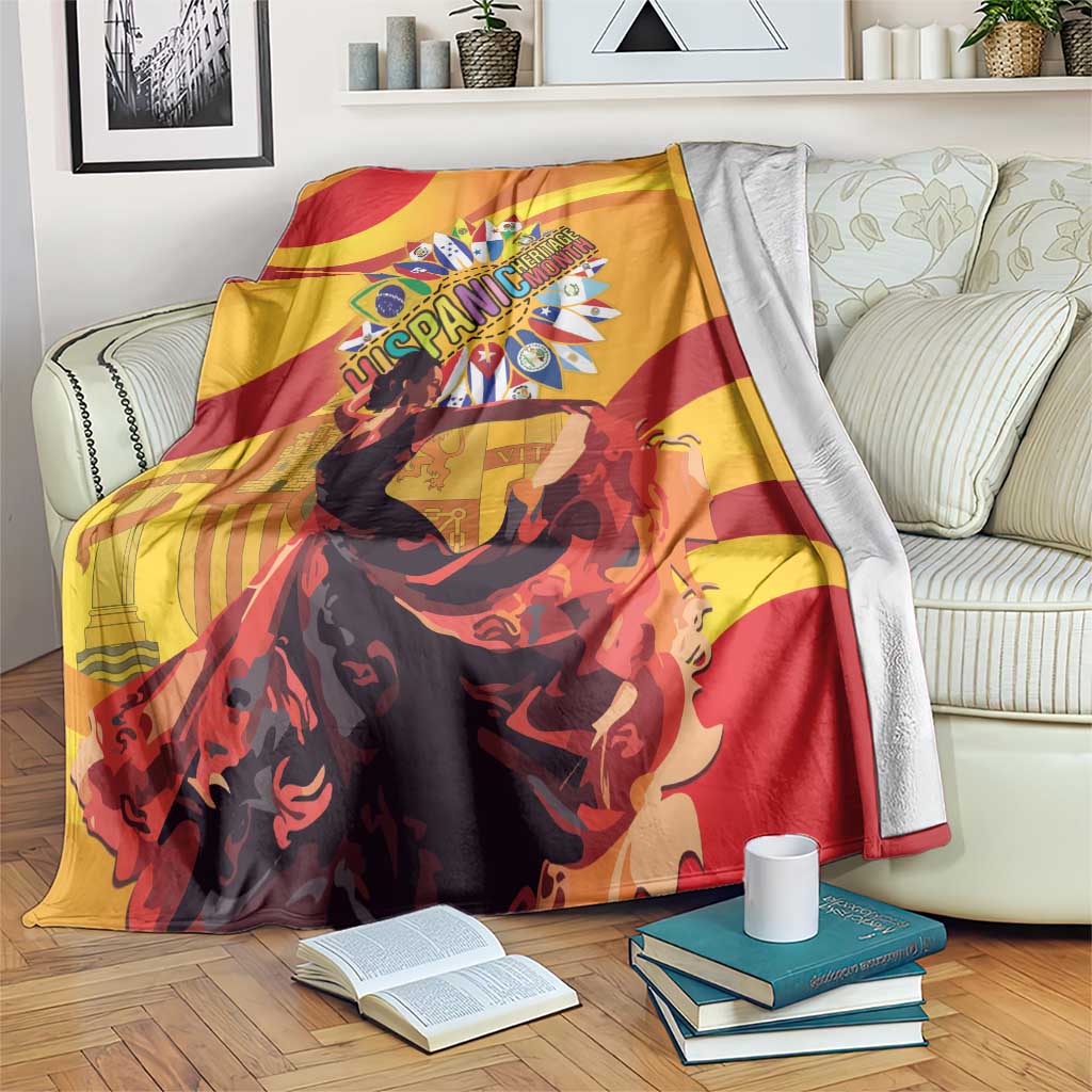 Yellow, red, and black themed throw blanket with flamenco portrait and decorative sunburst.