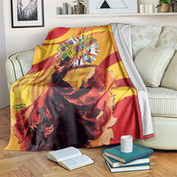 Yellow, red, and black themed throw blanket with flamenco portrait and decorative sunburst.