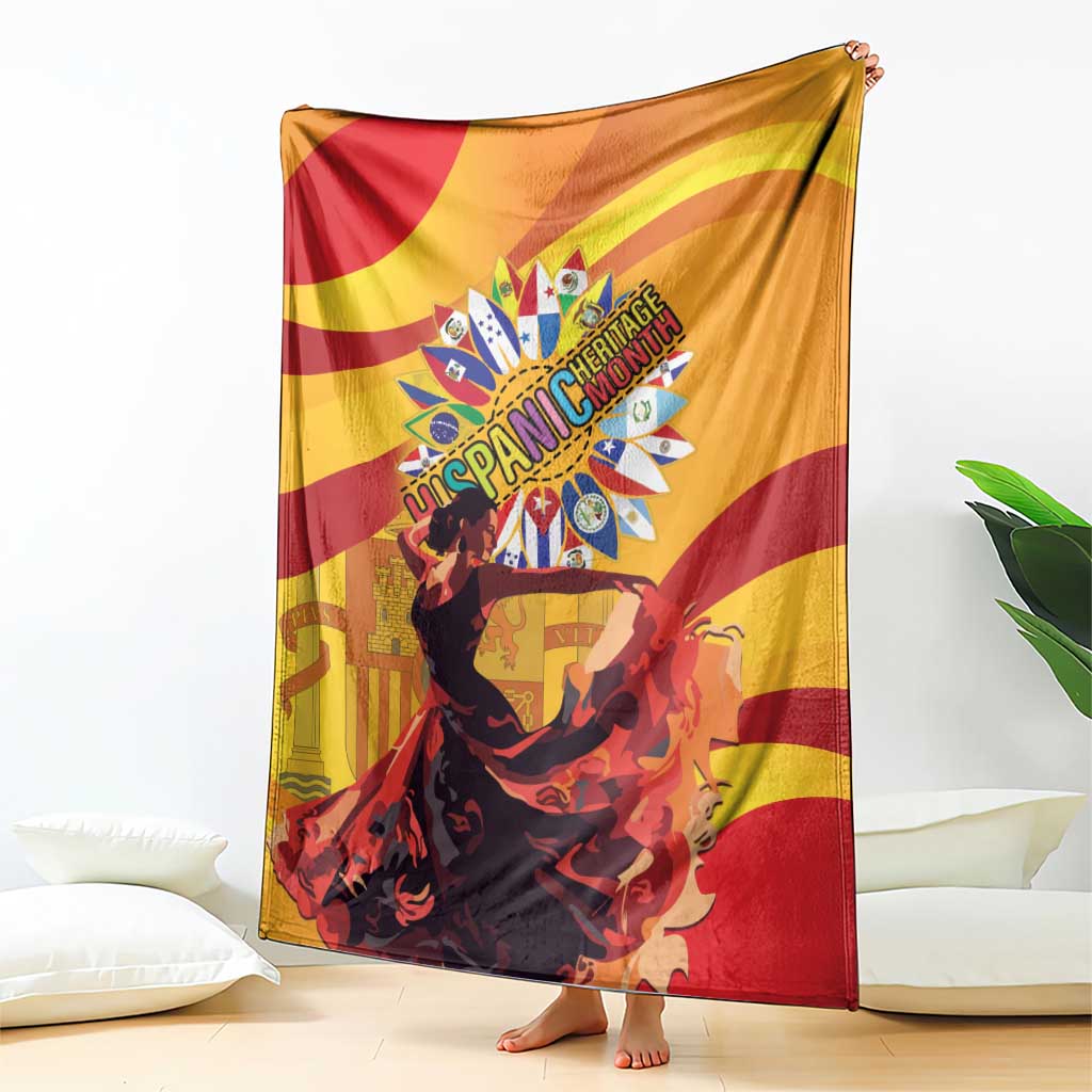 Flamenco-themed throw blanket in yellow and red stripes with central portrait and sunburst.