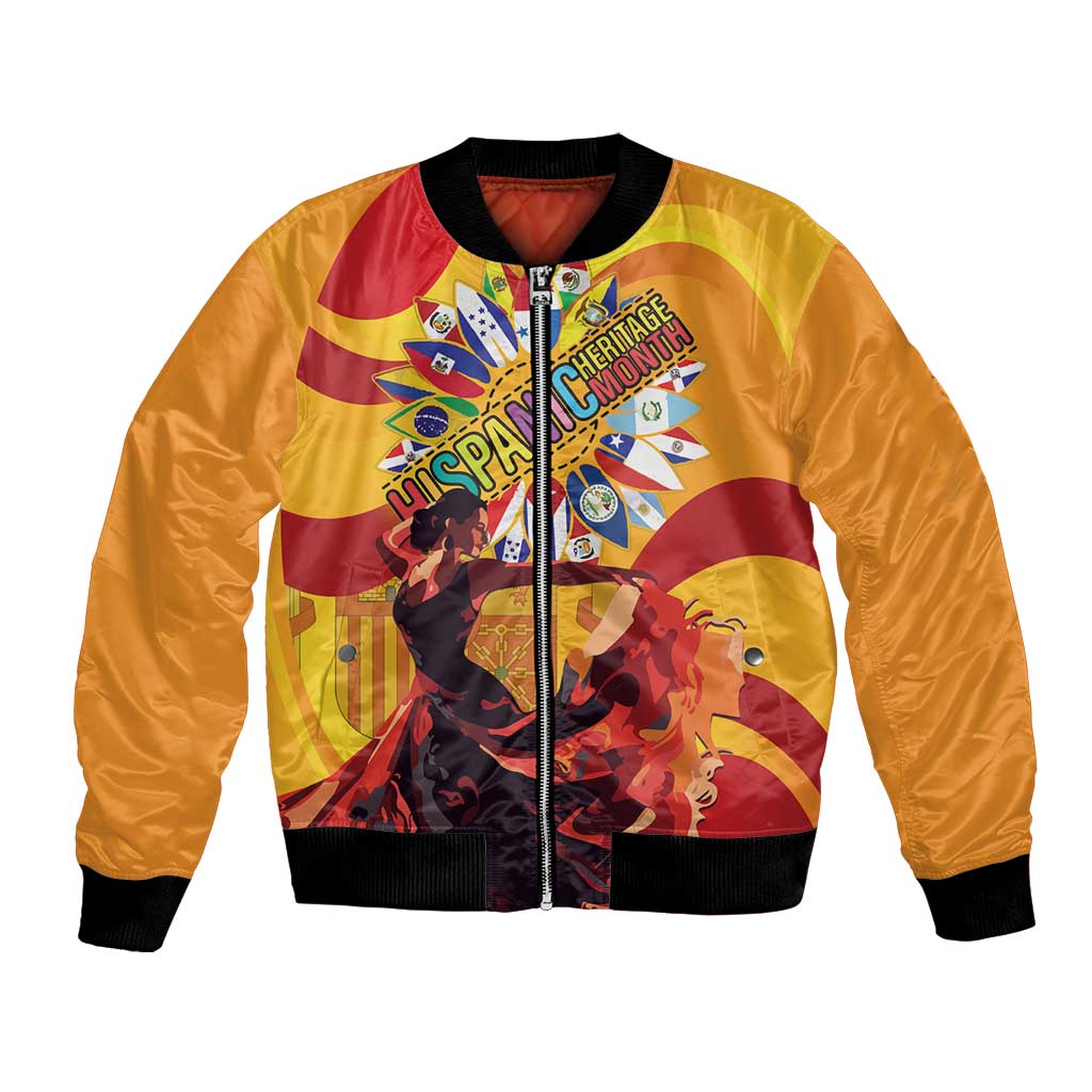 Yellow unisex bomber jacket with black ribbed cuffs and colorful front graphic print