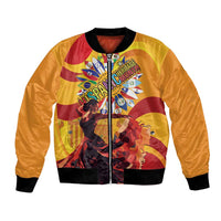 Yellow unisex bomber jacket with black ribbed cuffs and colorful front graphic print