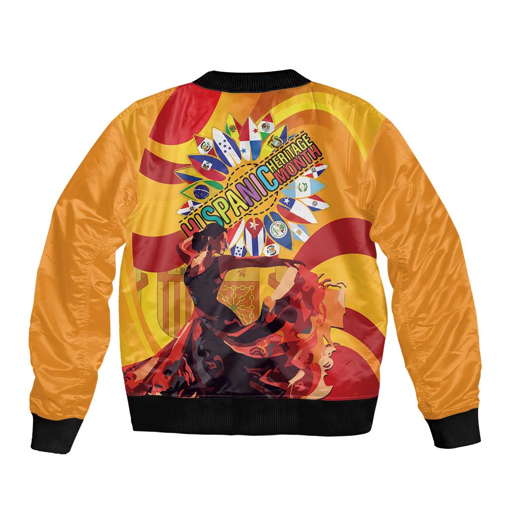 Yellow unisex bomber jacket with black ribbed hem and back graphic panel