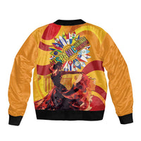 Yellow unisex bomber jacket with black ribbed hem and back graphic panel